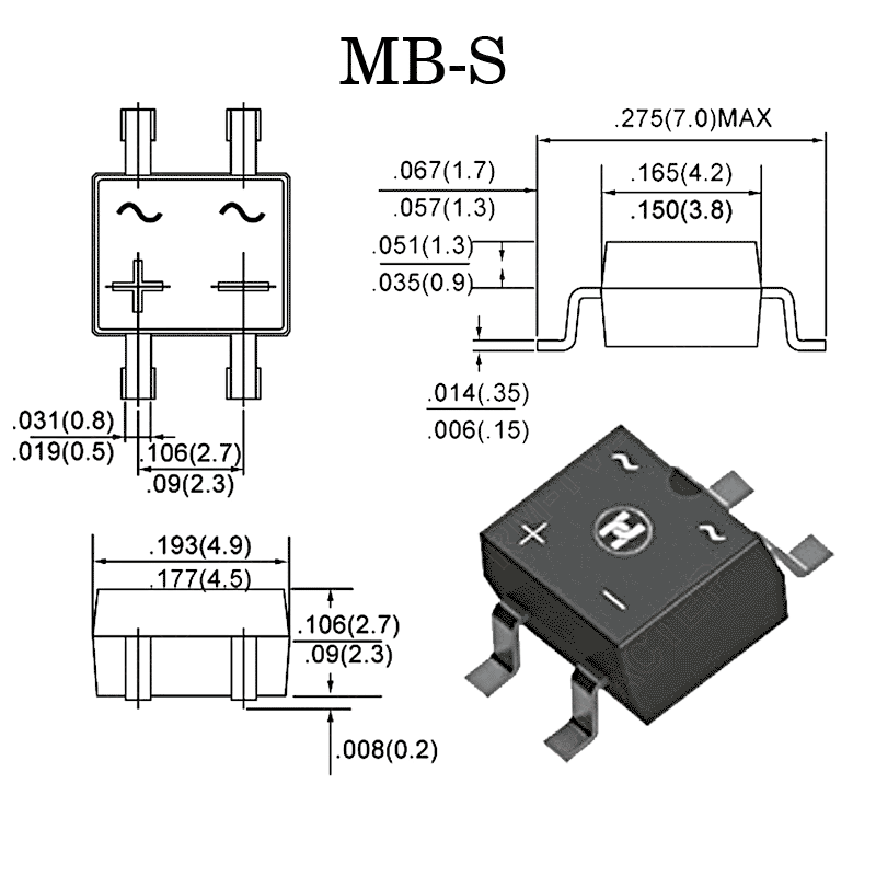 картинка MB10S (=B10S)    MB-S,   Мост, Vrrm(Vz)=1 000V, If(Izm)=0,8A, Vf=1V от магазина "РадиоМастер"