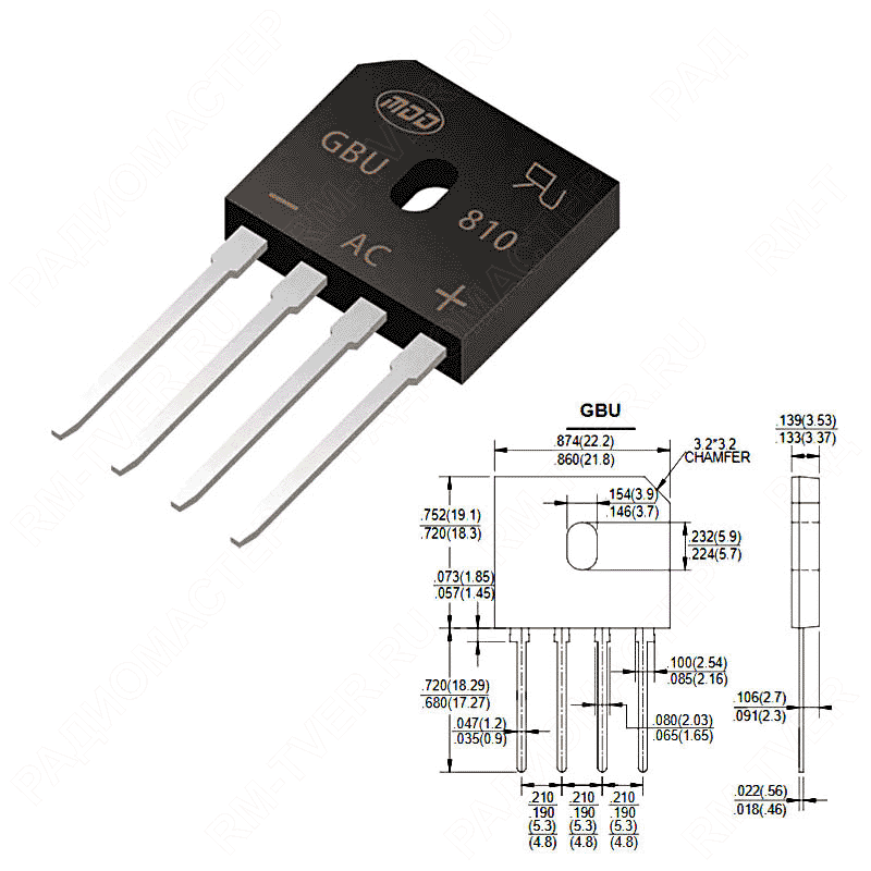 картинка GBU808    GBU,   Мост, Vrrm(Vz)=800V, If(Izm)=8A, Vf=1,1V от магазина "РадиоМастер"