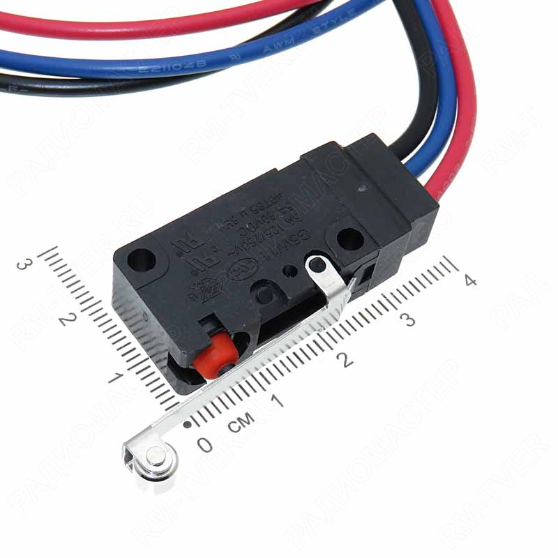 картинка Микропереключатель 38х16мм с пластиной и проводами IP65, 3 pin, G5W11-WZ200A06-W2U, 38-0109, U=30V,  от магазина "РадиоМастер"