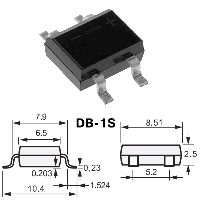 Фотография DB107S (DF10S)    DB-1S,   Мост, Vrrm(Vz)=1 000V, If(Izm)=1A, Vf=1,1V