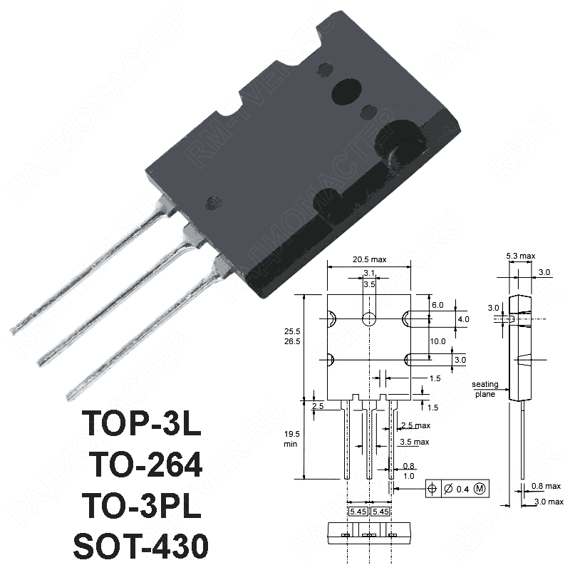 картинка 2SC5359    TOP-3L (TO-264, TO-3PL),   NPN, Vceo=230V, Ic=15A, hfe=55..160, Ft=30MHz, Pd=180W от магазина "РадиоМастер"