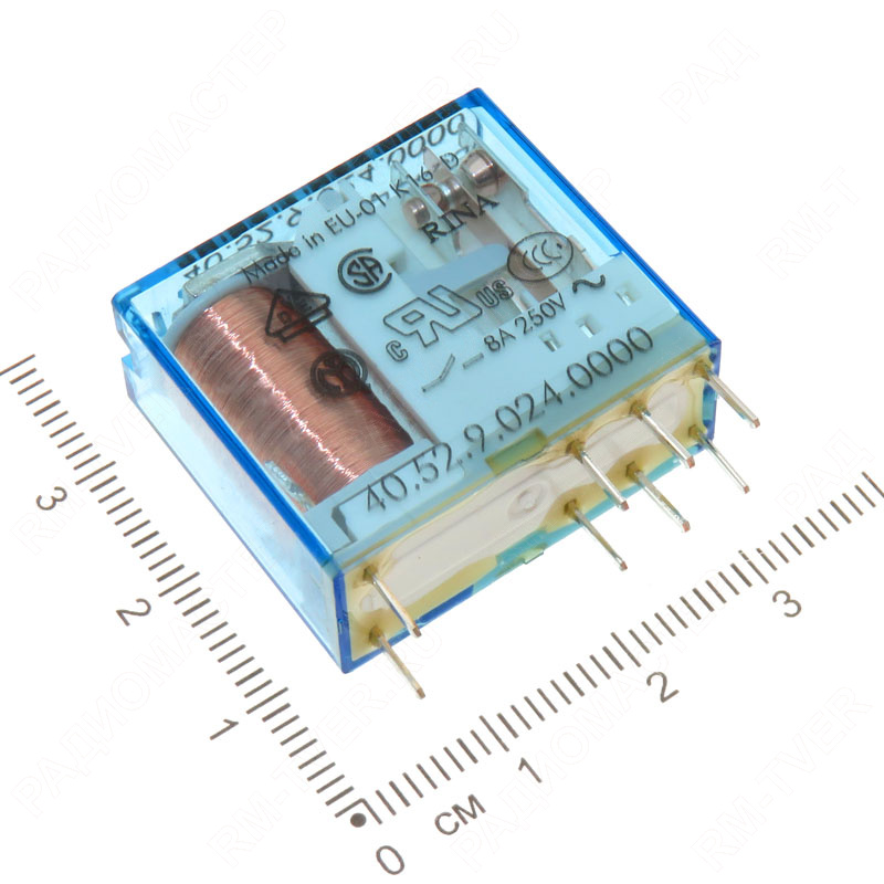 картинка Реле  24VDC FINDER 40.52, 8A 250V  (Контактный набор: 2 перекл., 2+6 ног) от магазина "РадиоМастер"