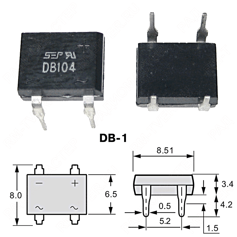 картинка B40C800    DB-1,   Мост, Vrrm(Vz)=100V, If(Izm)=0,8A, Vf=1V от магазина "РадиоМастер"
