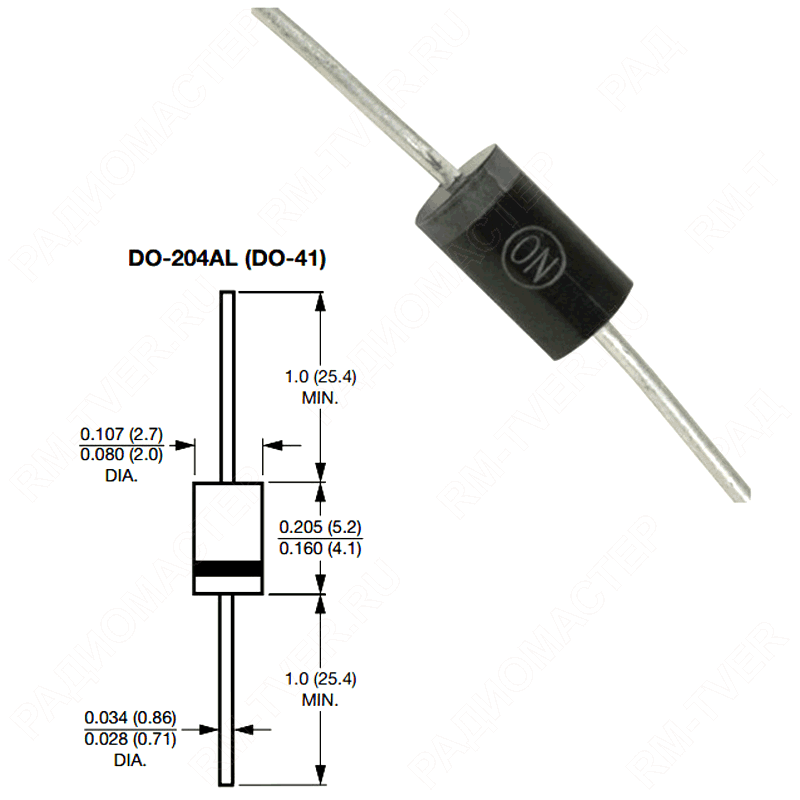 картинка HER107    DO-41 (DO-204AL),   Ultrafast <70ns, Vrrm(Vz)=800V, If(Izm)=1A, Vf=1,7V от магазина "РадиоМастер"