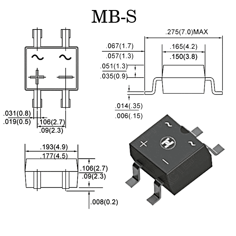 картинка MB6S (=B6S)    MB-S,   Мост, Vrrm(Vz)=600V, If(Izm)=0,8A, Vf=1V от магазина "РадиоМастер"