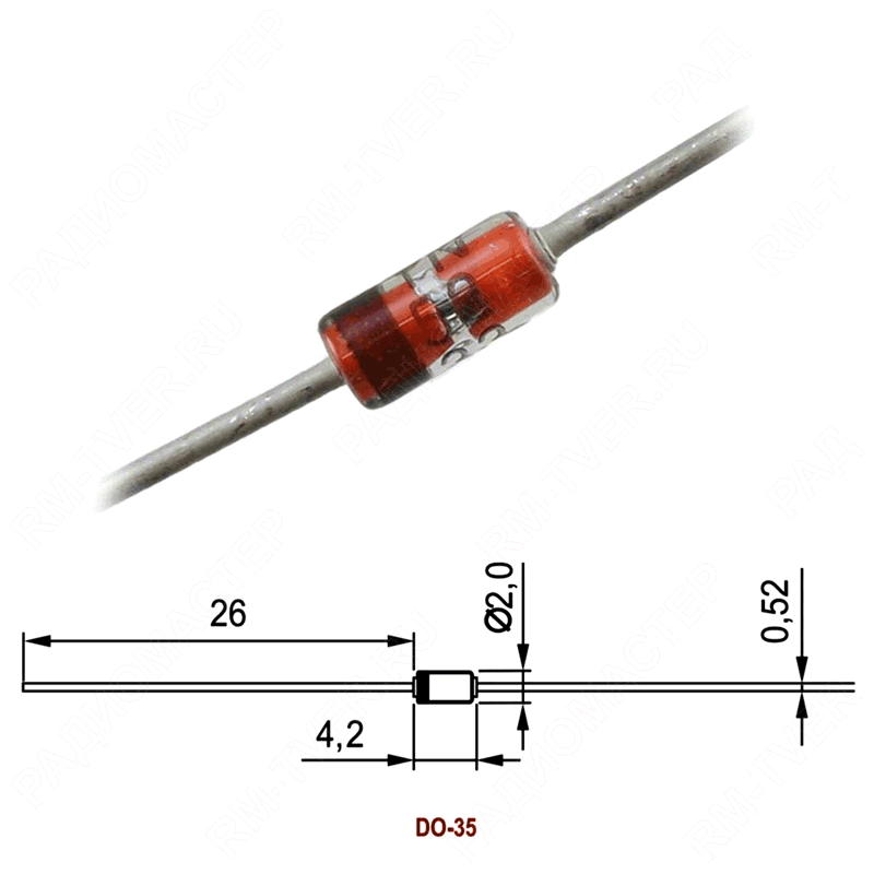 картинка 0,5W  5,6V (BZX55C 5V6, 1N5232), (КС156)    DO-35,   Стабилитрон, Vrrm(Vz)=5,6V, If(Izm)=0,081A от магазина "РадиоМастер"
