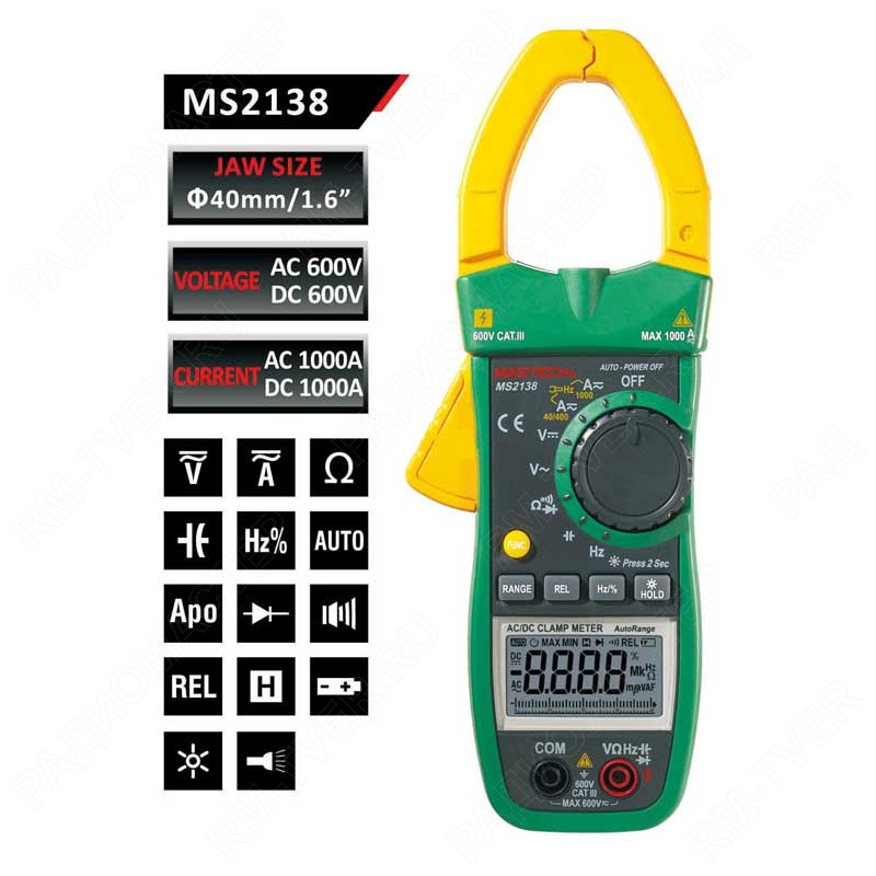 картинка Клещи токоизм. Mastech MS2138  V, A, ~A, Ом, Hz, Diode tes (РосТест) от магазина "РадиоМастер"