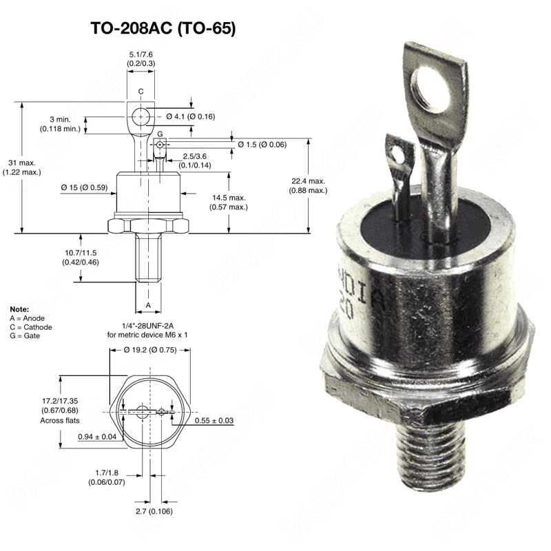 картинка 50RIA100    TO-208AC (TO-65),   Тиристоры, Vdrm=1 000V, It=50A, Igt=100mA от магазина "РадиоМастер"