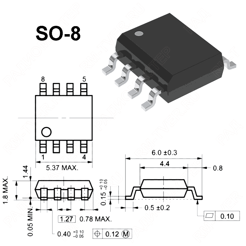 картинка DS18B20  от -55°С до 125°С (цифровой датчик температуры)    SO-8-150-1.27 от магазина "РадиоМастер"