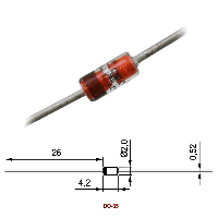 Фотография 0,5W  1,0V (BZX55C 1V0)    DO-35,   Стабилитрон, Vrrm(Vz)=1V, If(Izm)=0,2A