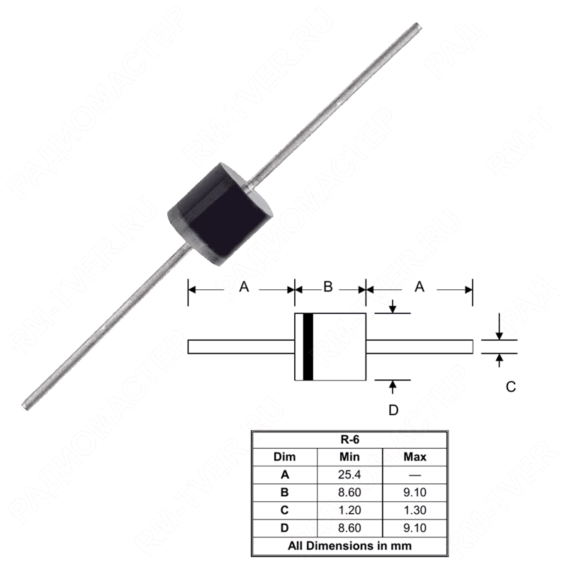 картинка 10A10 MIC    R-6,   Выпрямительный, Vrrm(Vz)=1 000V, If(Izm)=10A, Vf=1,1V от магазина "РадиоМастер"