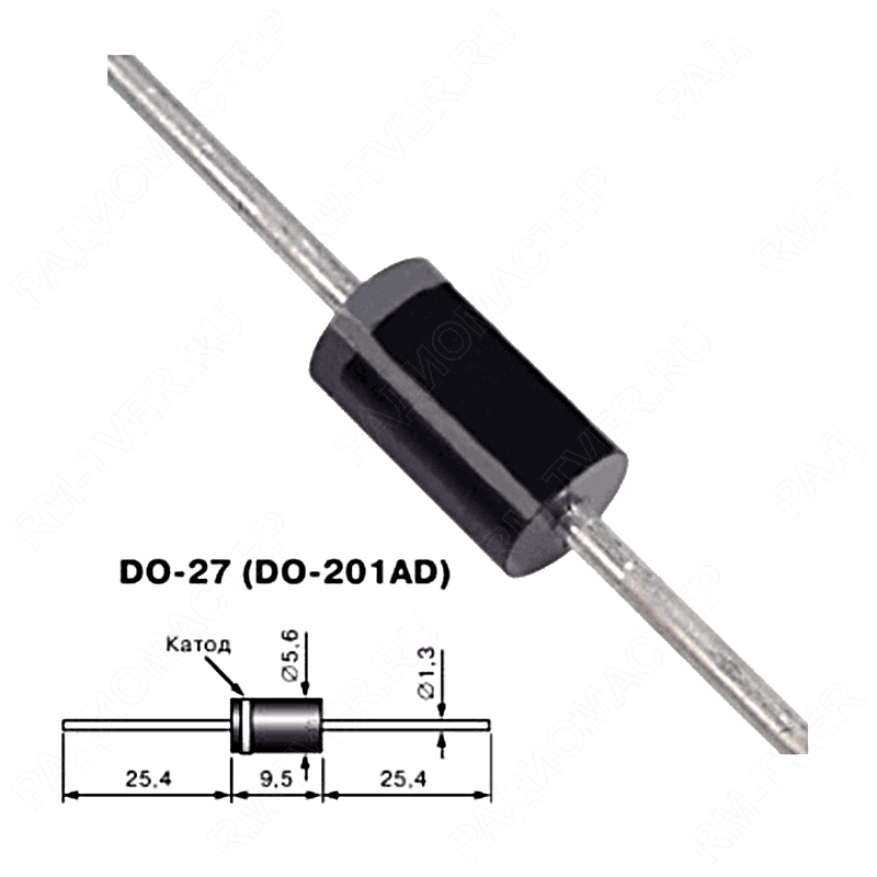 картинка HER506    DO-201AD (DO-27),   Ultrafast <70ns, Vrrm(Vz)=600V, If(Izm)=5A, Vf=1,7V от магазина "РадиоМастер"