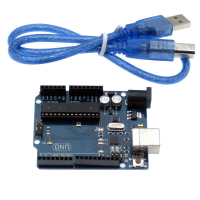 Фотография Arduino UNO R3, отладочная плата с DIP-панелью и кабелем USB