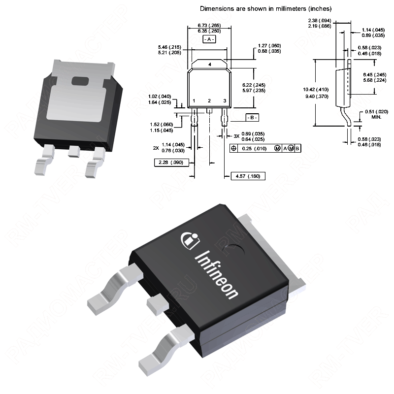 картинка 06N80C3 (SPD06N80C3)    D-PAK (TO-252, SC-63),   N-канал+Диод, Vds(Vce)=800V, Id(Ic)=6A, Vgs(tr)=3V, от магазина "РадиоМастер"