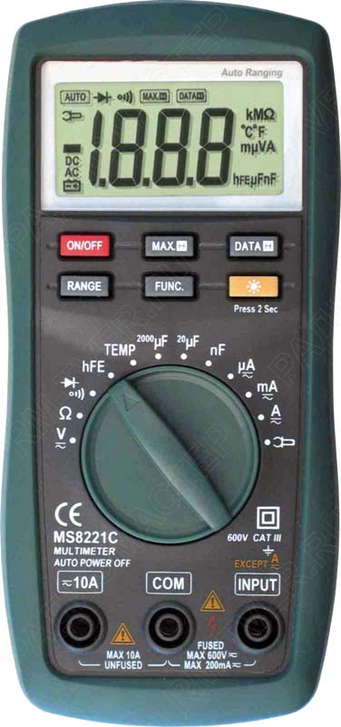 картинка Мультиметр Mastech MS8221С (V , Ом, 10A, ~10A, °C, C, Diode tes) подсветка от магазина "РадиоМастер"