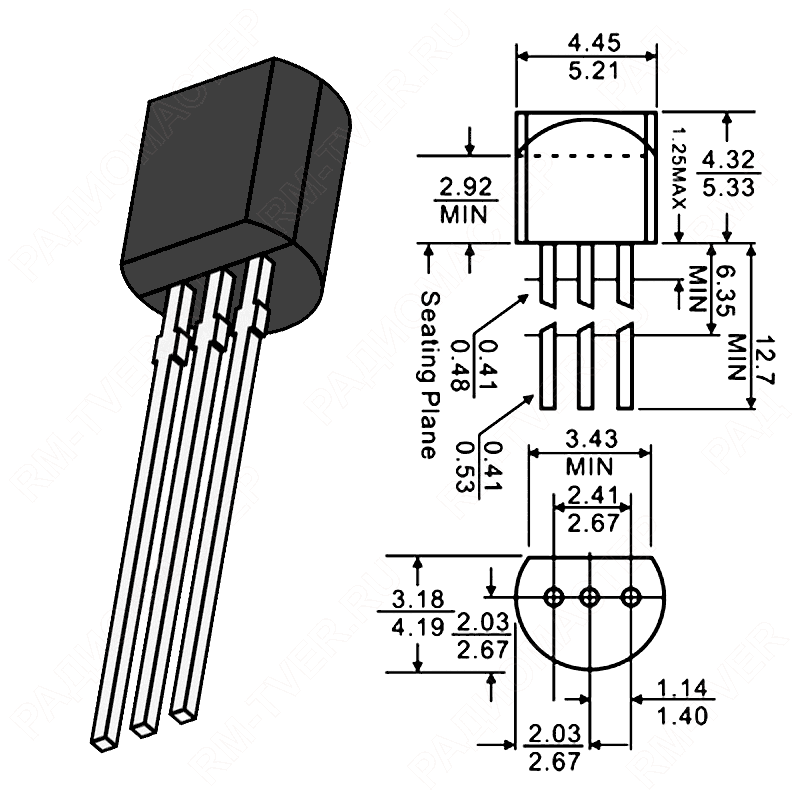 картинка BC547C    TO-92,   NPN, Vceo=45V, Ic=0,1A, hfe=420..800, Ft=300MHz, Pd=0,625W от магазина "РадиоМастер"